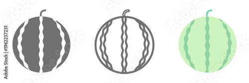 スイカアイコンセット 3種 カラー・線画・モノクロのシンプルな西瓜イラスト