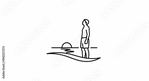 A person stands on a surfboard, watching the sun set over the ocean