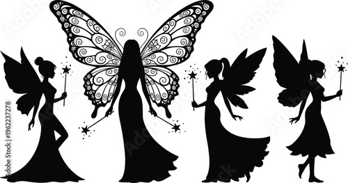 Set of Magical Fairy Silhouette Icons with Beautiful Butterfly Wings and Magic Wand Elements Isolated on White Background for Fantasy and Mythical Storytelling Design