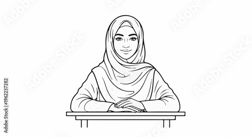A person wearing a headscarf sits at a table with hands crossed