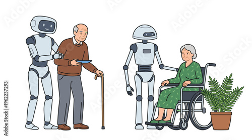 Robots providing care and support to an elderly man and a woman in a wheelchair. Concept for future healthcare, AI assistance, and automated nursing. Vector illustration.