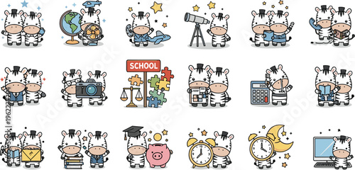 Cute Zebra Student Vector Sticker Set Featuring School, Learning, Science, Math, Graduation, and Study Activities Cartoon Characters Illustration Collection
