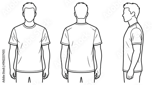 Man in t shirt front back and side view outline.