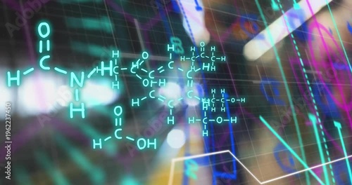 Animation of illuminated chemical formulas, mandala pattern over train arriving at subway station