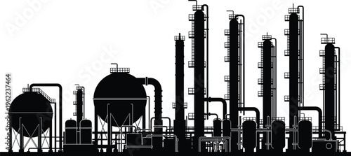 Industrial oil refinery factory plant silhouette with pipes and storage tanks isolated cad drawing flat vector illustration for energy power industry