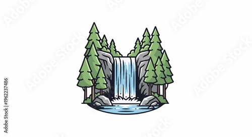 A picturesque waterfall cascades down rocky cliffs, surrounded by lush green trees