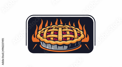 A pie with a lattice crust filled with cherries, surrounded by flames