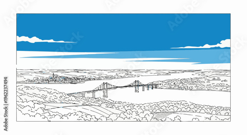 A picturesque vista of a bridge crossing a wide river, leading to a distant town