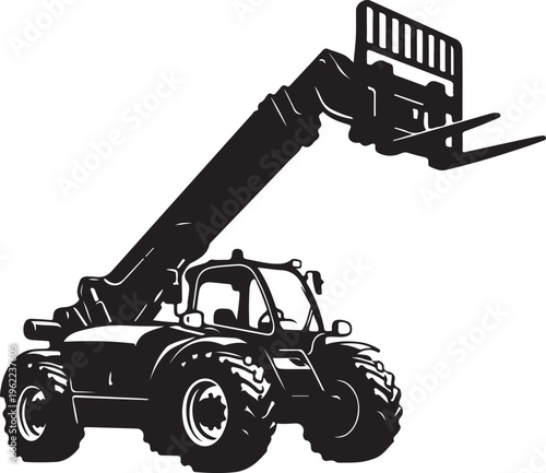 Tractor, forklift, telehandler, construction vehicle, heavy equipment, black silhouette, vector illustration