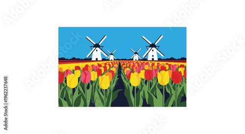 A picturesque field of colorful tulips stretches toward distant windmills