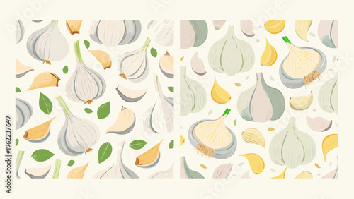 Vibrant seamless garlic pattern design featuring fresh whole bulbs, individual cloves, and delicate green leaves, perfect for culinary projects and kitchen decor