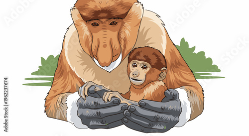 A mother and baby monkey with big noses in a tender embrace