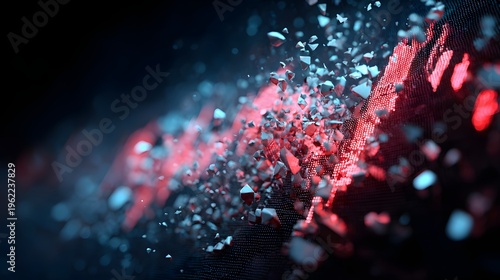 Financial data streams breaking apart into fragments, abstract crisis visualization, high detail