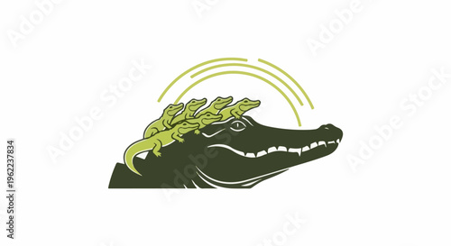 A mother alligator with five babies on her back, depicted in cartoon style