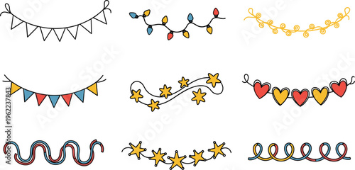 Decorative Garland and String Lights Set with Flags Stars Hearts and Swirls Cute Festive Hanging Elements Collection for Party Holiday and Celebration Design