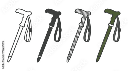 Vector icon set of a trekking pole for hiking and travel. Features four styles: outline, silhouette, flat, and colored. For outdoor adventure, sport, and tourism concepts.