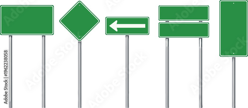 Blank green road signs collection with metal poles, highway directional placards, empty street boards for travel navigation, and billboard vector.