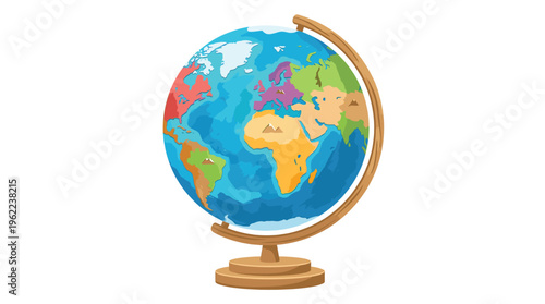 A colorful cartoon globe of the world on a wooden stand. This vector illustration is perfect for education, geography, school projects, travel, and international concepts.