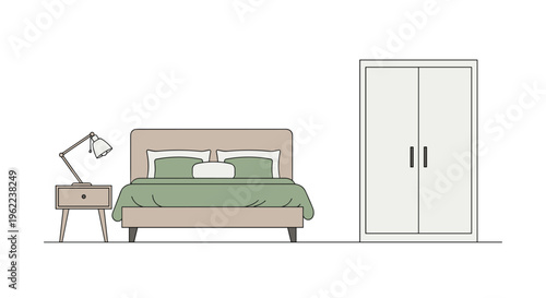 A minimalist bedroom features a bed with green bedding, a nightstand, a lamp, and a wardrobe.