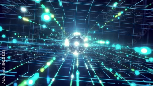Futuristic digital grid with glowing blue lines forming network connections as data flows toward a central AI core in a high-tech visualization of machine learning and cyberspace.