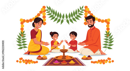 An Indian family sits on the floor with a lit diya and colorful powders, celebrating a festival.