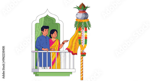 A couple stands on an ornate white balcony observing a tall, traditionally decorated Gudi Padwa pole.