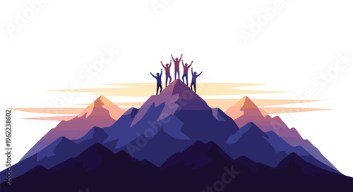 Five silhouetted figures stand triumphantly with raised arms on the peak of a prominent purple mountain under a soft, orange-hued sky against a white background.