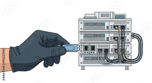 A light-skinned gloved hand inserts a light blue USB flash drive into a port on a stack of four grey server racks connected by colorful cables on a white background.