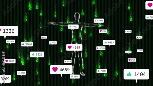 Glitch-effect avatar being animated in code rain, with floating social notifications and icons