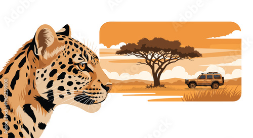 A leopard's head in profile is on the left, with a safari jeep and acacia tree in a savanna landscape on the right.