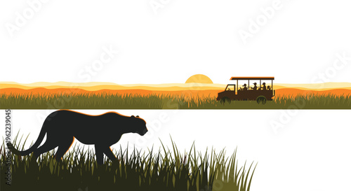A cheetah silhouette walks through tall grass while a safari jeep with tourists drives in the distance under a setting sun.