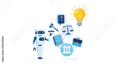 A white and blue robot interacts with floating legal and intellectual property icons on a white background.