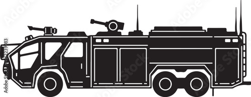 Fire truck, emergency vehicle, rescue truck, black and white illustration, vector graphics