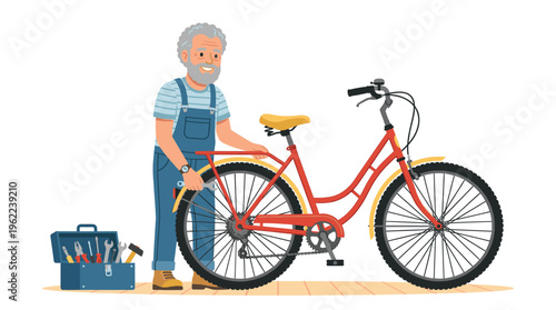 A happy senior man in overalls is repairing a red bicycle. The active elderly character uses tools from a toolbox for his hobby. Vector illustration for repair service or lifestyle.