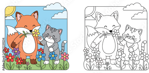Cute orange fox holding flower with gray cat friend in garden, happy cartoon animals vector illustration for kids, sunny spring nature background with sun and clouds.