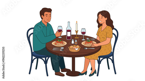 Happy couple on a romantic date. Man and woman having dinner in a restaurant, eating pasta and drinking wine by candlelight. Vector illustration for love and relationship concepts.