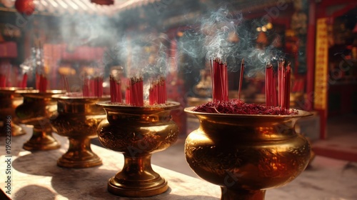 Golden incense burners with glowing red incense sticks emitting fragrant smoke inside a traditional temple hall