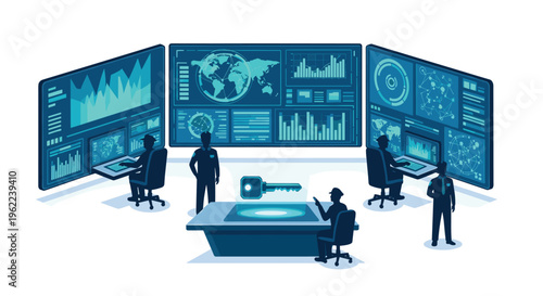 Five silhouetted figures are in a blue control room with multiple data screens and a glowing key icon on a central table.