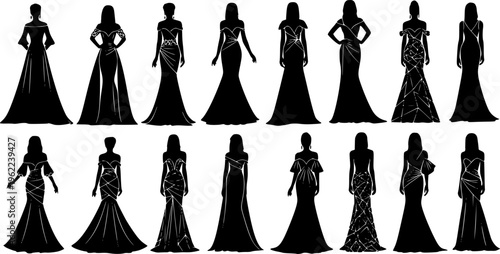 Collection of elegant black silhouette evening gowns and high fashion dresses, minimalist female fashion models with geometric patterns vector isolated on white.
