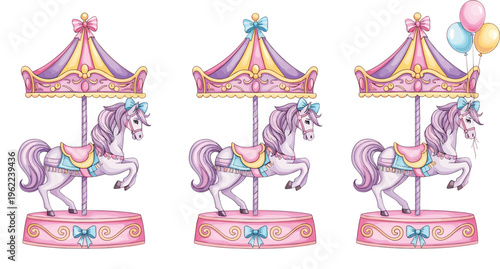 Cute Carousel Horse Merry Go Round Set with Pastel Colors Balloons and Ribbons Whimsical Carnival Illustration Collection Isolated on White Background