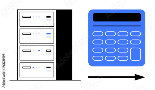 Data processing, server to computation, technology workflows, cloud computing, digital transformation, IT systems. Server unit with an arrow pointing to a calculator. Data processing and technology
