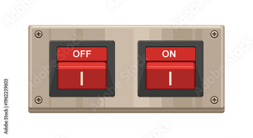 A rectangular beige control panel with four screws features two red toggle switches labeled OFF and ON.