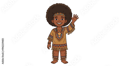 A happy cartoon boy with a big afro hairstyle, dressed in a traditional ethnic costume. The friendly character is smiling and waving, perfect for children's projects or diversity.