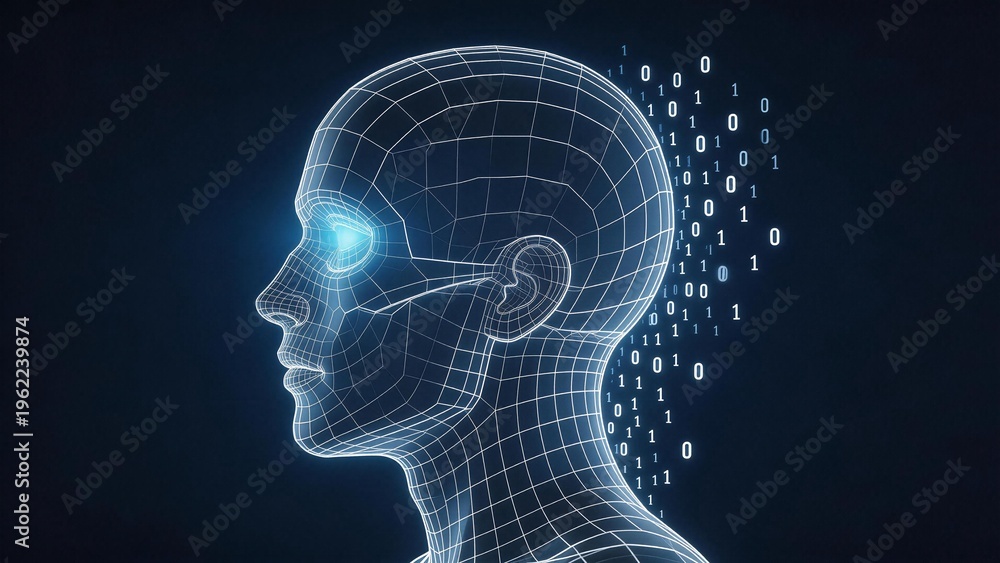 Obraz premium Human head with digital grid and binary code