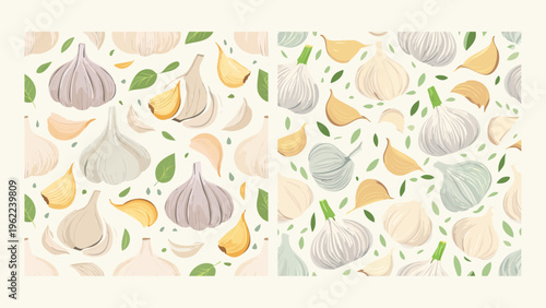 Seamless pattern illustration featuring fresh garlic bulbs, separated cloves, and green leaves. Ideal for culinary backgrounds, food packaging, and kitchen designs
