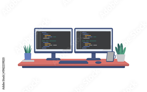 A vector graphic illustration of a modern computer workstation with dual monitors and office plants