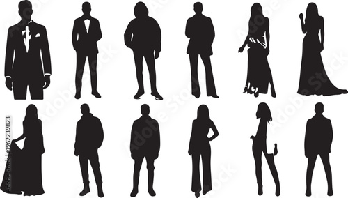 Set of elegant female silhouettes in different poses isolated on white background for fashion, style, and design concepts