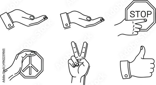 Hand Gesture Symbol Set Featuring Peace Sign Stop Warning Thumb Up and Open Palm Icons for Communication and Social Interaction, Transparent Background PNG