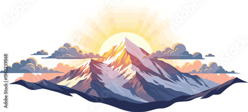 Colorful mountain landscape with sunrise rays clouds and peaks scenic nature vector illustration vintage style isolated on white background