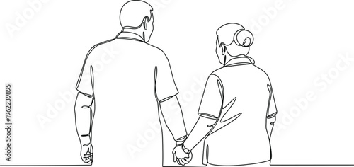 Continuous single line drawing of romantic elderly couple representing love relationship and family bond concept